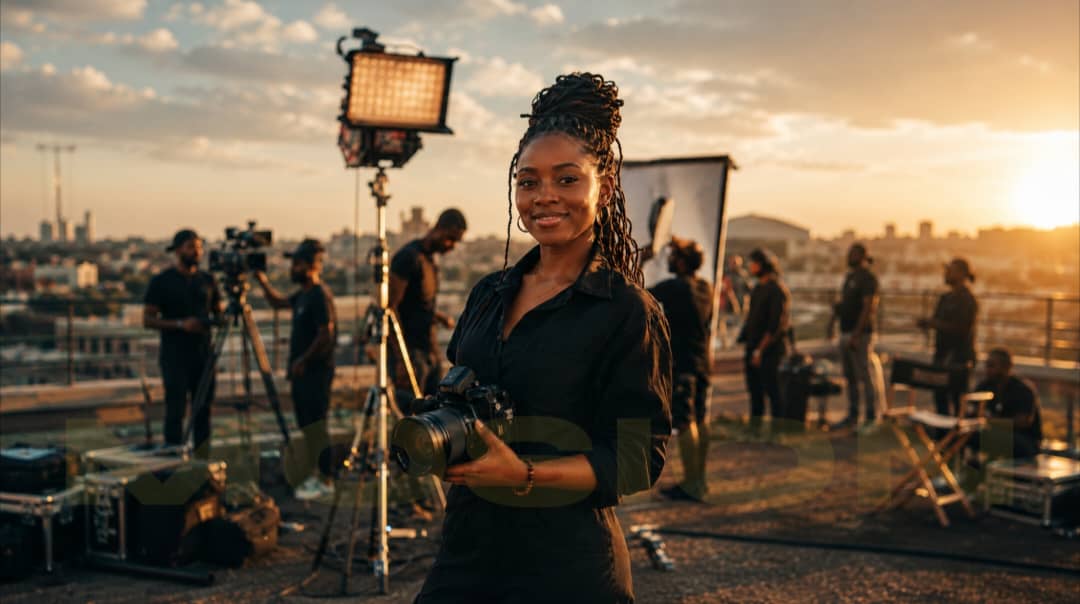 A confident young African female filmmaker stands in golden hour light, holding a camera, a film set being prepared behind her – in control of her story and her business