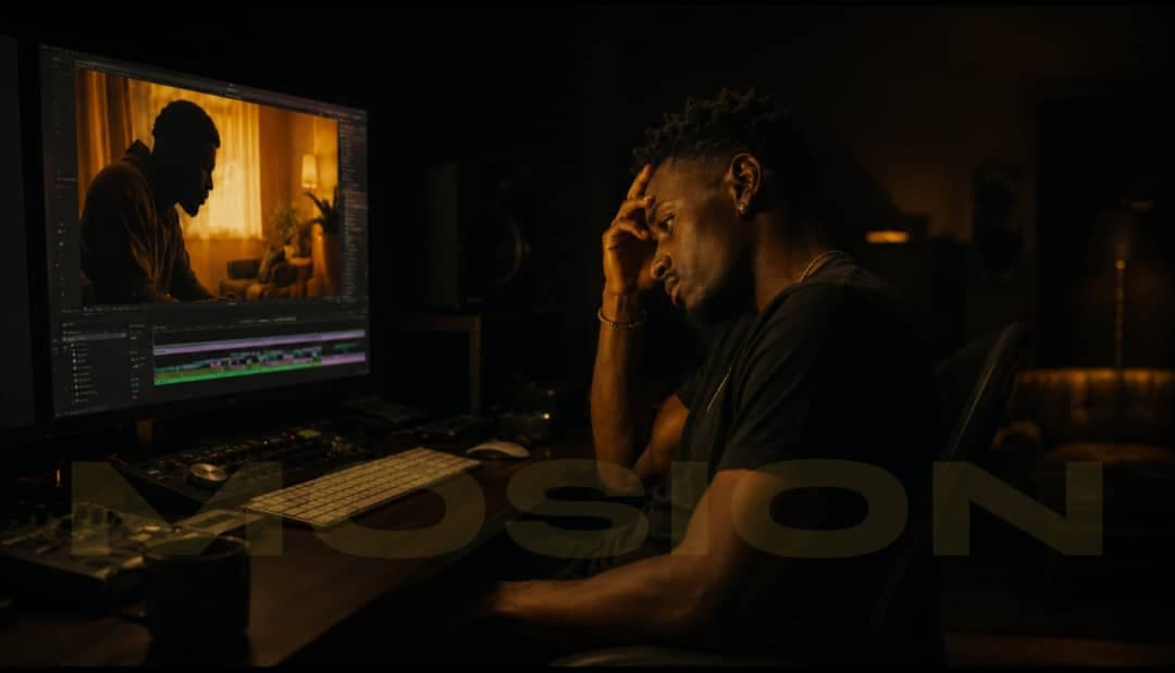 A young African filmmaker sits alone in a dark editing room, staring at a monitor showing a completed film – quiet frustration, wondering if anyone will see it